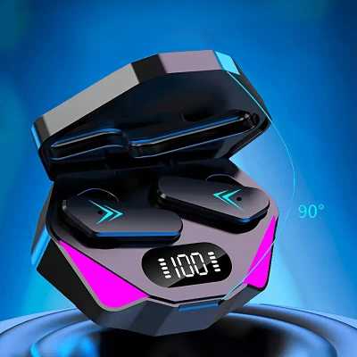 Side angle of wireless HiFi gaming headphones by Od Kuby with one earbud outside the charging case